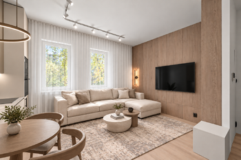 obývací místnost vizualizace 2 - Prodej bytu 2+kk v osobním vlastnictví 40 m², Praha 8 - Libeň