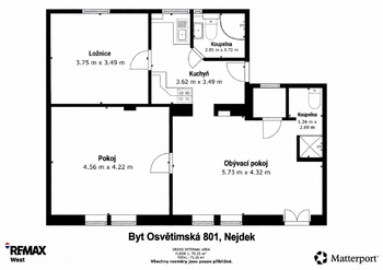 Půdorys - Prodej bytu 3+1 v osobním vlastnictví 68 m², Nejdek