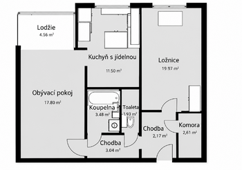 Půdorys - Pronájem bytu 2+1 v osobním vlastnictví 63 m², Praha 8 - Kobylisy