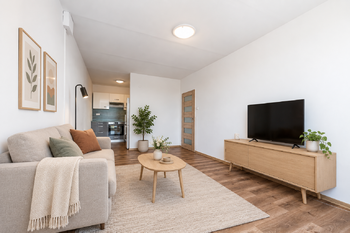 vizualizace - obývací pokoj - Pronájem bytu 2+kk v osobním vlastnictví 46 m², Praha 8 - Kobylisy