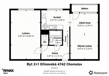 Půdorys - Prodej bytu 2+1 v osobním vlastnictví 61 m², Chomutov