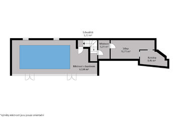orientační půdorys bazén, sklep, technická místnost v suterénu - Prodej domu 221 m², Vrdy