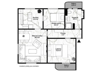 2D půdorys - Prodej bytu 3+1 v osobním vlastnictví 68 m², Ostrava