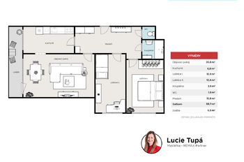 Půdorys bytu - Pronájem bytu 3+1 v osobním vlastnictví 69 m², Praha 6 - Řepy