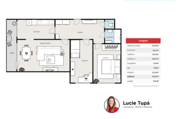 Půdorys bytu - Pronájem bytu 3+1 v osobním vlastnictví 73 m², Praha 6 - Řepy