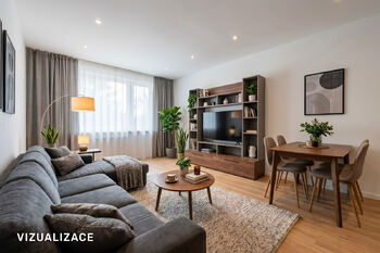 Obývací pokoj vizualizace - Prodej bytu 3+kk v osobním vlastnictví 65 m², Praha 10 - Petrovice