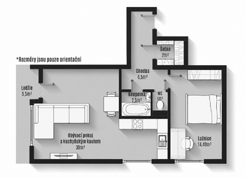 2D půdorys - Prodej bytu 2+kk v osobním vlastnictví 56 m², Brno