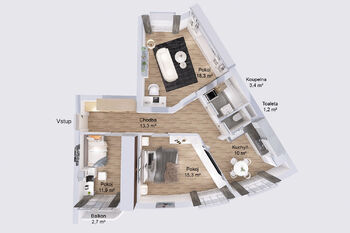 Půdorys. - Pronájem bytu 3+1 v družstevním vlastnictví 73 m², Jindřichův Hradec