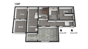 3D půdorys 1.NP - Prodej domu 173 m², Újezd u Boskovic