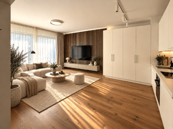 vizualizace obývací část a kuchyně  - Pronájem bytu 2+kk v osobním vlastnictví 52 m², Praha 8 - Karlín 