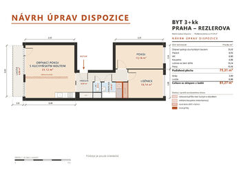 půdorys vizualizace - Prodej bytu 3+1 v osobním vlastnictví 81 m², Praha 10 - Petrovice
