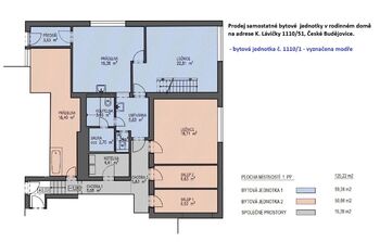 půdorys 1. PP - modrá část - Prodej bytu 5+1 v osobním vlastnictví 191 m², České Budějovice