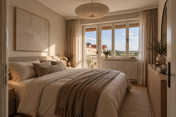 vizualizace ložnice se vstupem na balkon s výhledem do zahrady - Prodej domu 182 m², Horní Ředice