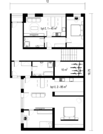Půdorys: dispoziční návrh 1.NP byt 2+kk (45 m²) a 3+kk (85 m²) s terasou  - Prodej kancelářských prostor 320 m², Břeclav