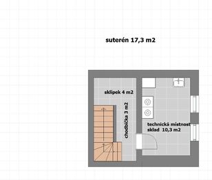 půdorys suterén s tech. místností  - Pronájem domu 91 m², Praha 4 - Modřany
