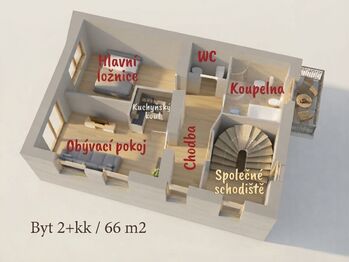 orientační rozložení bytu ... - Pronájem bytu 2+kk v osobním vlastnictví 66 m², Havlíčkův Brod