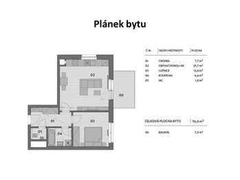 Plánek bytu - Prodej bytu 2+kk v osobním vlastnictví 57 m², Praha 9 - Letňany