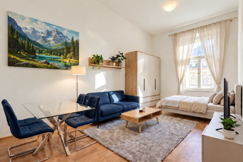 Obývací pokoj - vizualizace - Prodej bytu 1+kk v osobním vlastnictví 31 m², Praha 6 - Dejvice