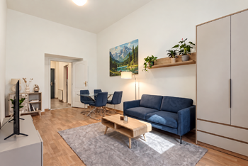 Obývací pokoj - vizualizace - Prodej bytu 1+kk v osobním vlastnictví 31 m², Praha 6 - Dejvice
