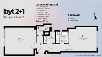 Půdorys - Pronájem bytu 2+1 v osobním vlastnictví 57 m², Praha 2 - Nové Město