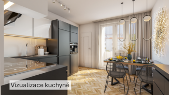 Vizualizace kuchyně - Prodej bytu 3+1 v osobním vlastnictví 87 m², Praha 3 - Žižkov
