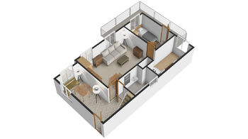 Půdorys 3D - I.NP - Prodej chaty / chalupy 69 m², Nýdek