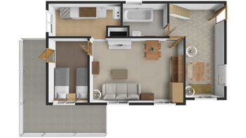 Půdorys 3D - I.NP - Prodej chaty / chalupy 69 m², Nýdek