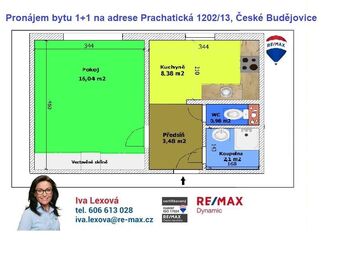 půdorys - Pronájem bytu 1+1 v osobním vlastnictví 32 m², České Budějovice