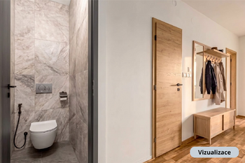 Vizualizace toalety a chodby - Prodej bytu 3+1 v osobním vlastnictví 82 m², Praha 9 - Prosek