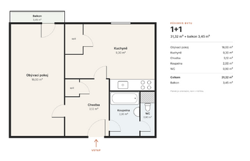 Plánek bytu - Pronájem bytu 1+1 v osobním vlastnictví 31 m², Tišnov