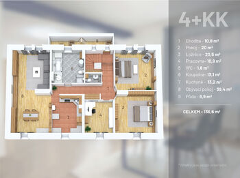 Půdorys s popisem  - Prodej bytu 4+1 v osobním vlastnictví 136 m², Litoměřice