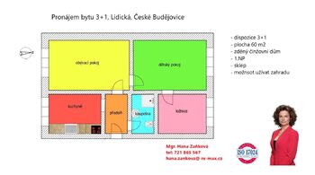 plánek - Pronájem bytu 3+1 v osobním vlastnictví 55 m², České Budějovice