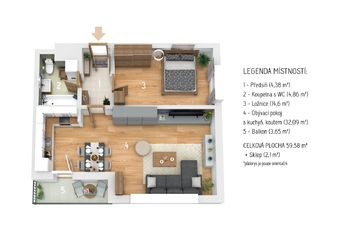 Prodej bytu 2+kk v osobním vlastnictví, 58 m2, Brno