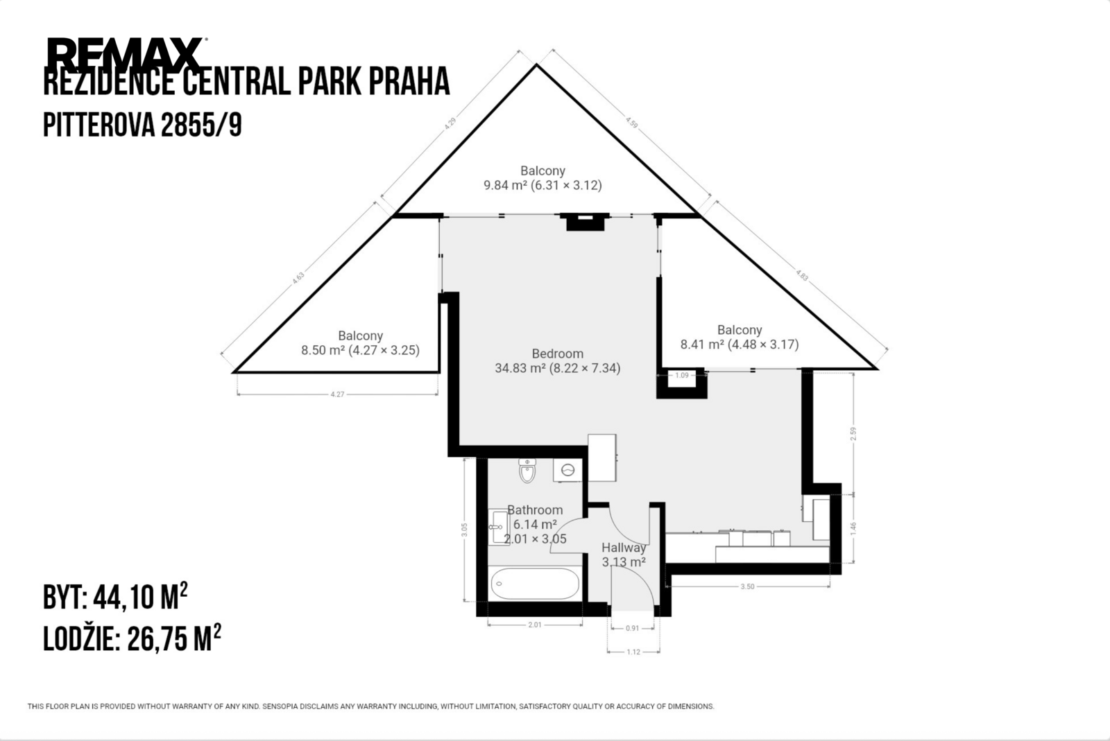Pronájem bytu 1+kk, 44 m2, Praha