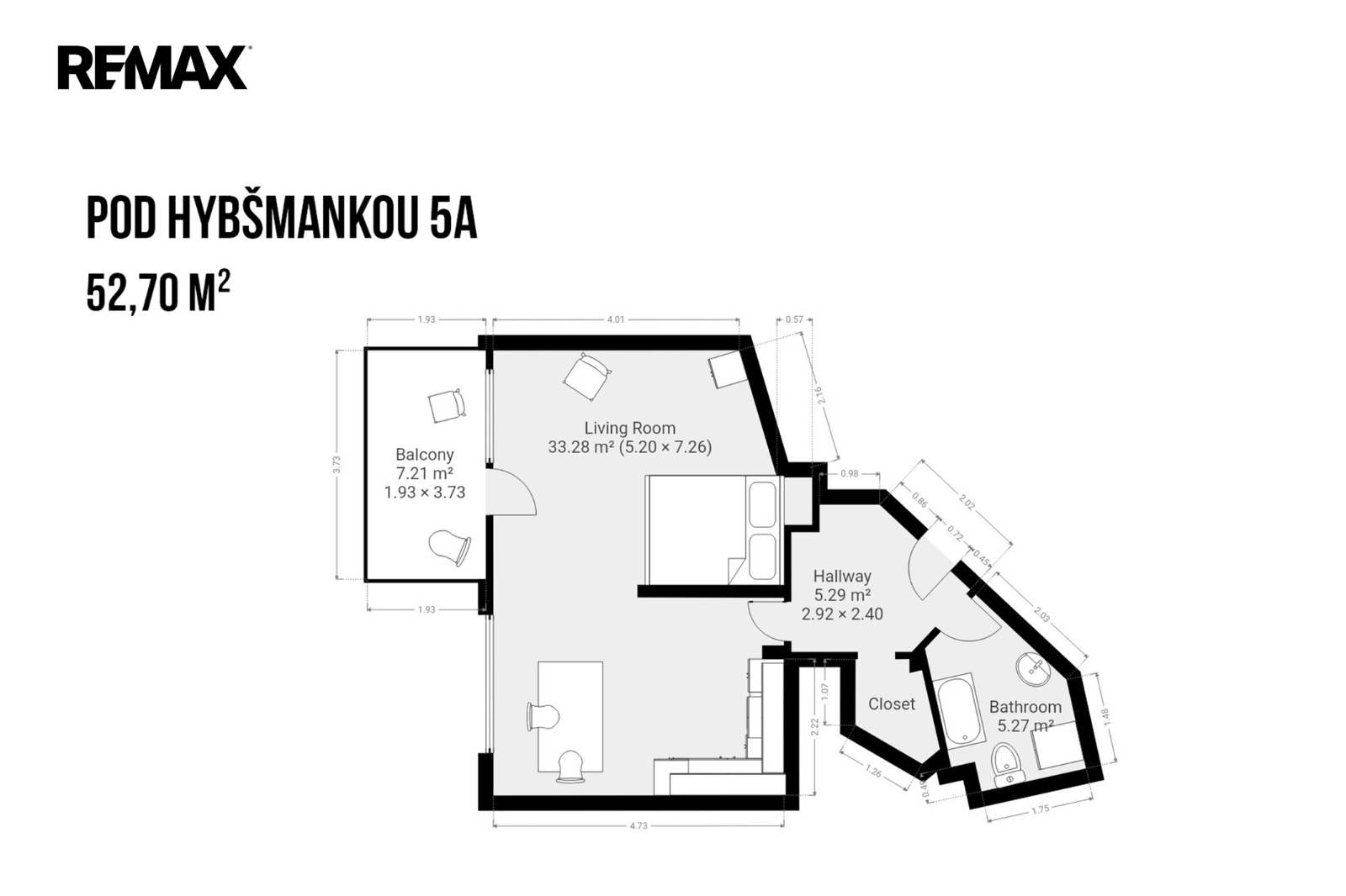 Pronájem bytu 2+kk, 53 m2, Praha